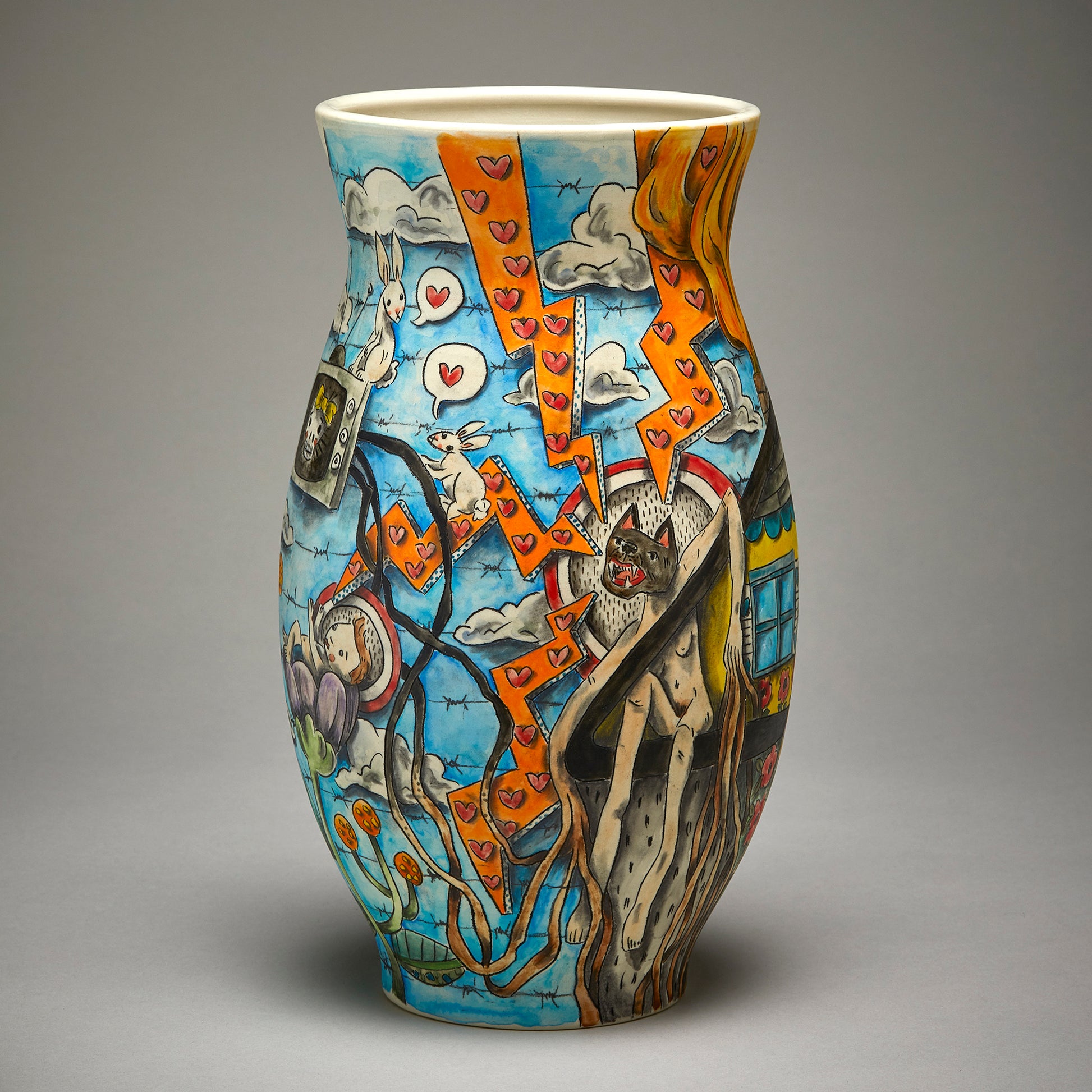 Clay vase with colourful graphics