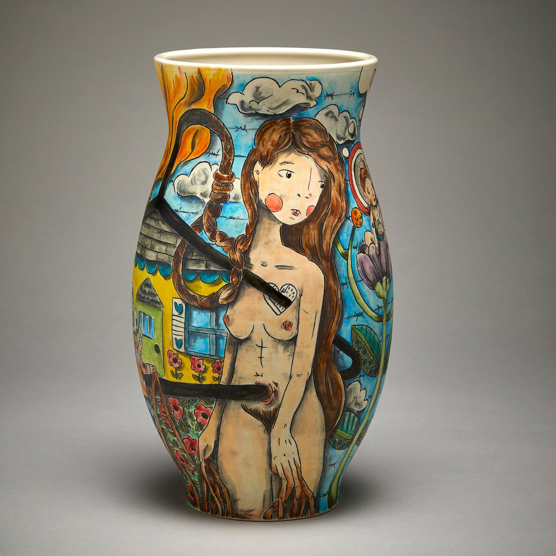 clay vase with colourful graphics