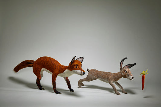 felted sculptures of life sized fox, rabbit, and carrot