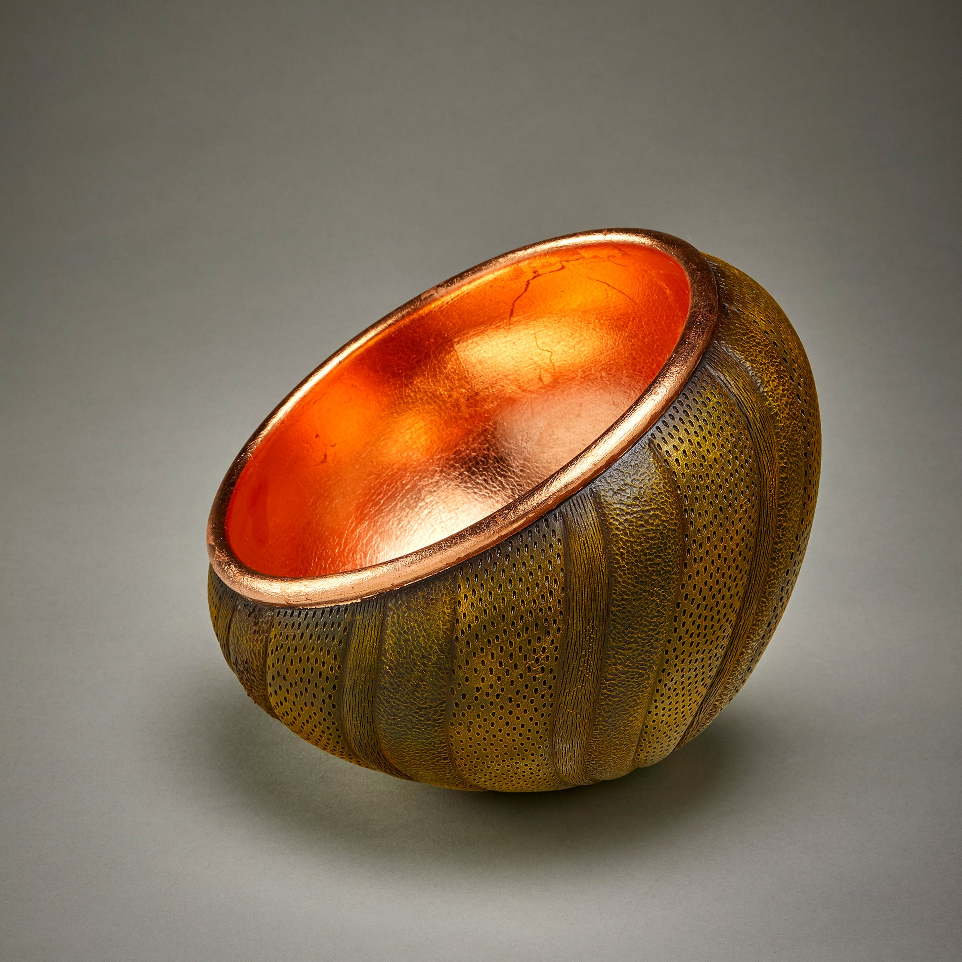 wood vessel with copper leafed interior