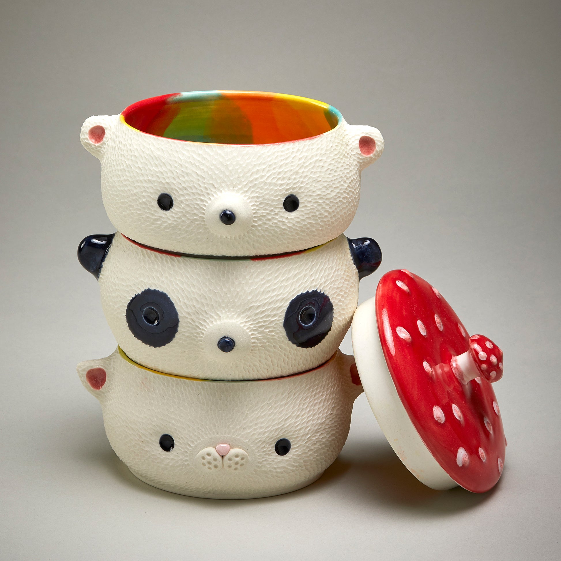 Three candy jars of a cat, panda and bear with mushroom lid
