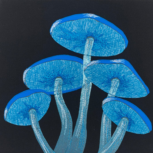 Blue mushroom fabric collage