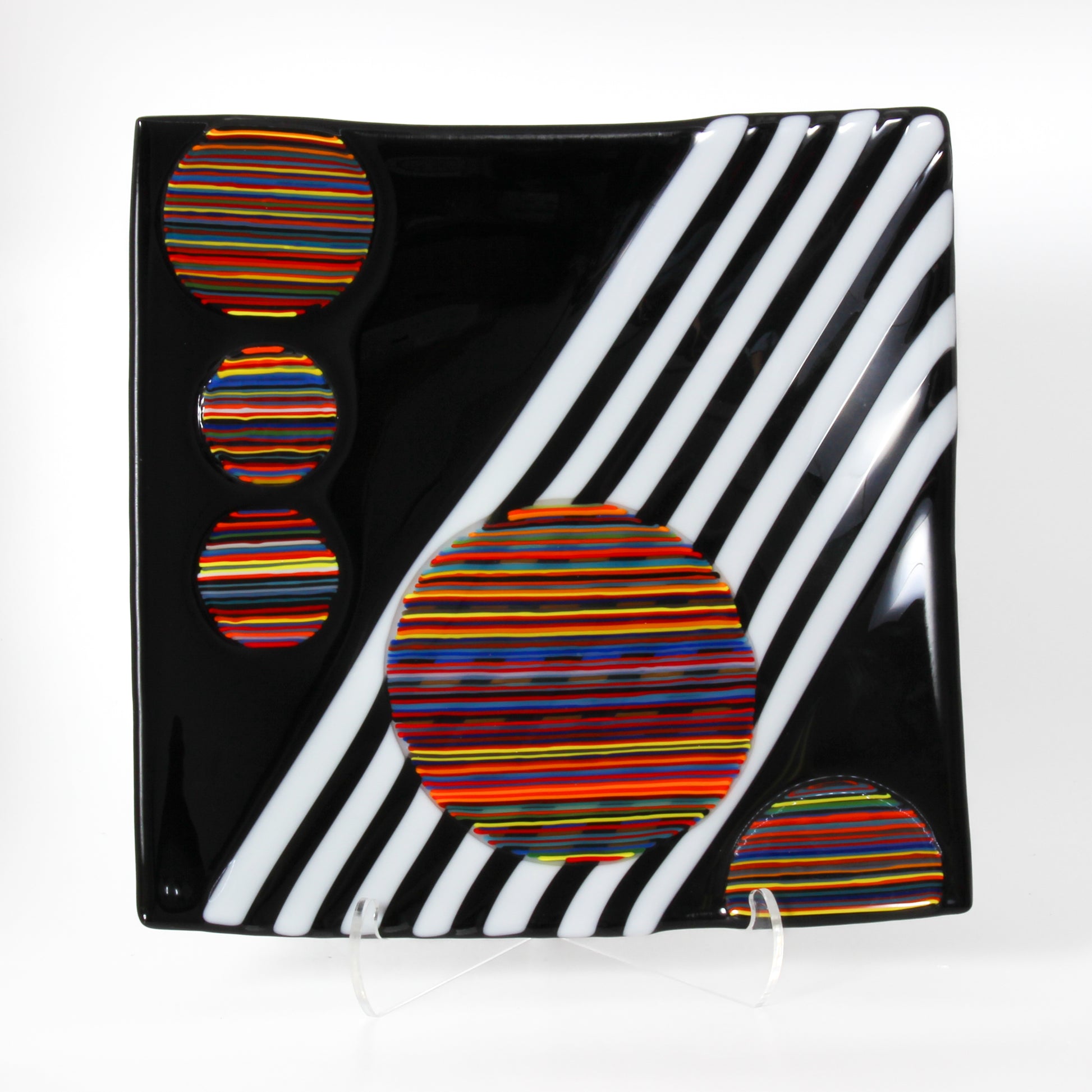 black and white stripes and colour striped circles