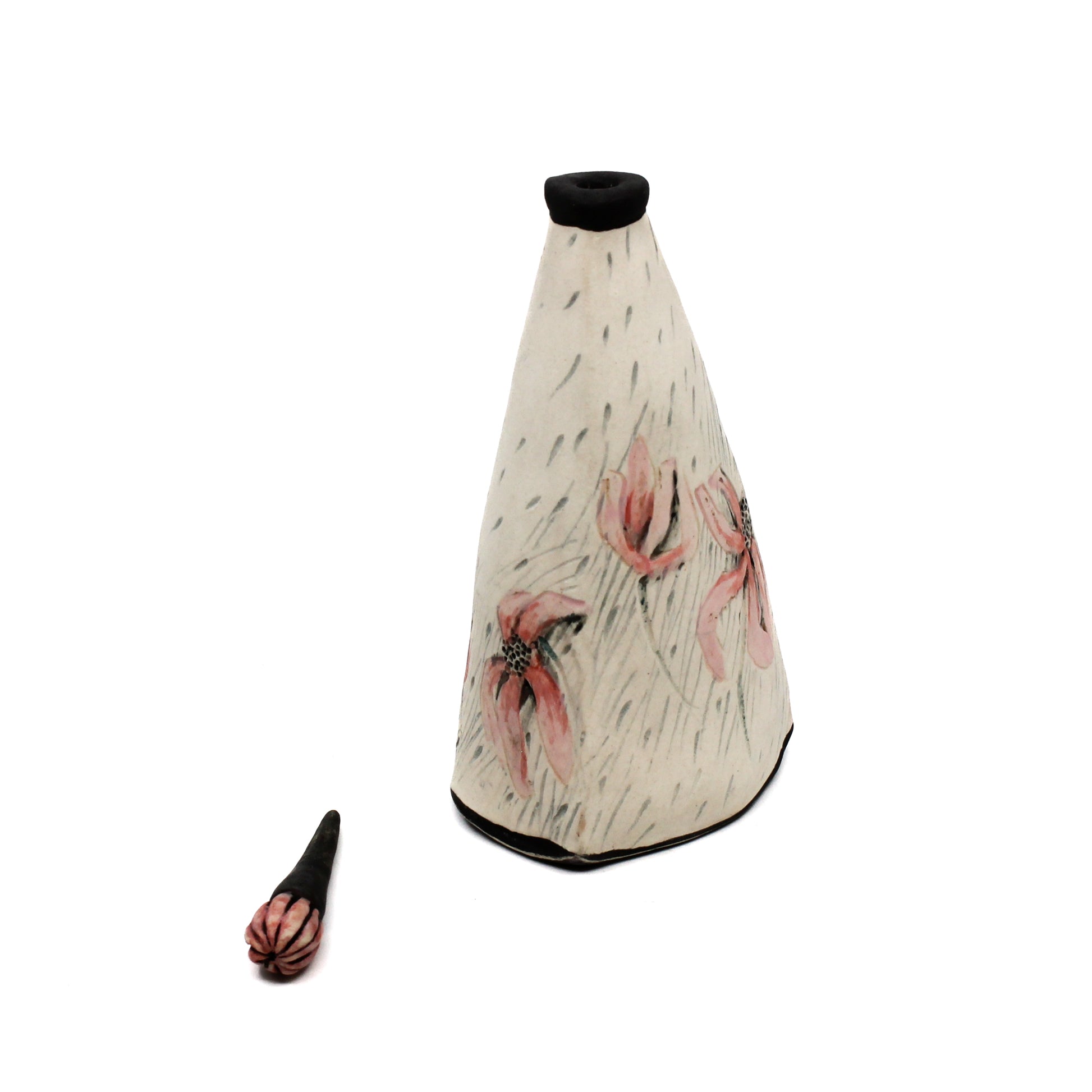 White pod bottle with pink flowers and pink bud stem