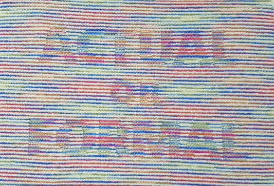 Knitted wall hanging in cream and rainbow gradient yarn. Text: ACTUAL OR FORMAL