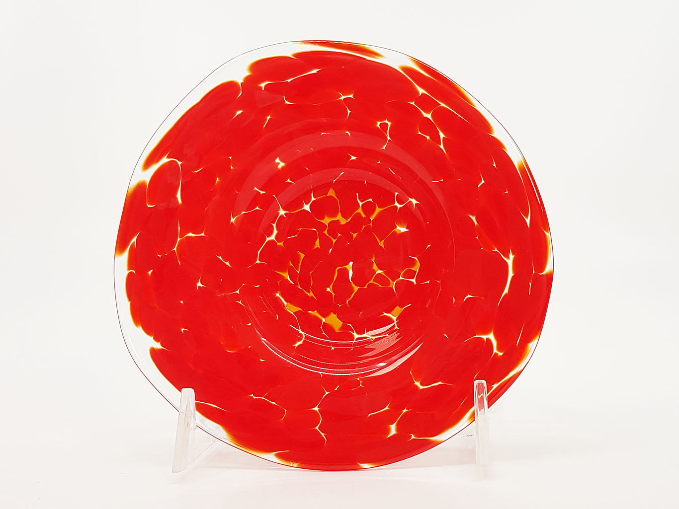 Red and yellow glass bowl with wide rim
