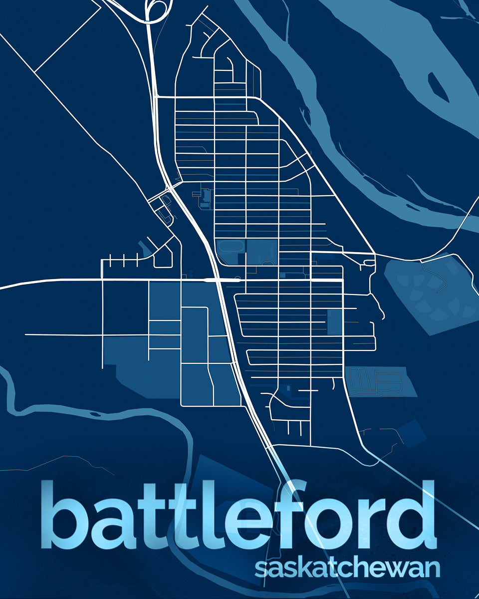 Blue and white map of Battleford