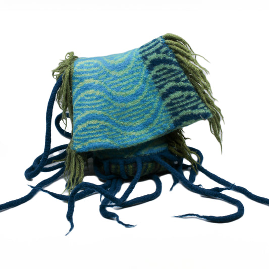 Blue and green bag with green and teal fringe
