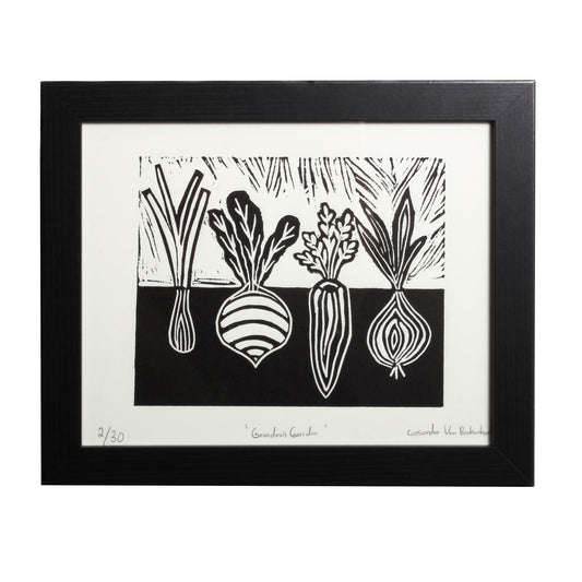 linocut of root vegetables