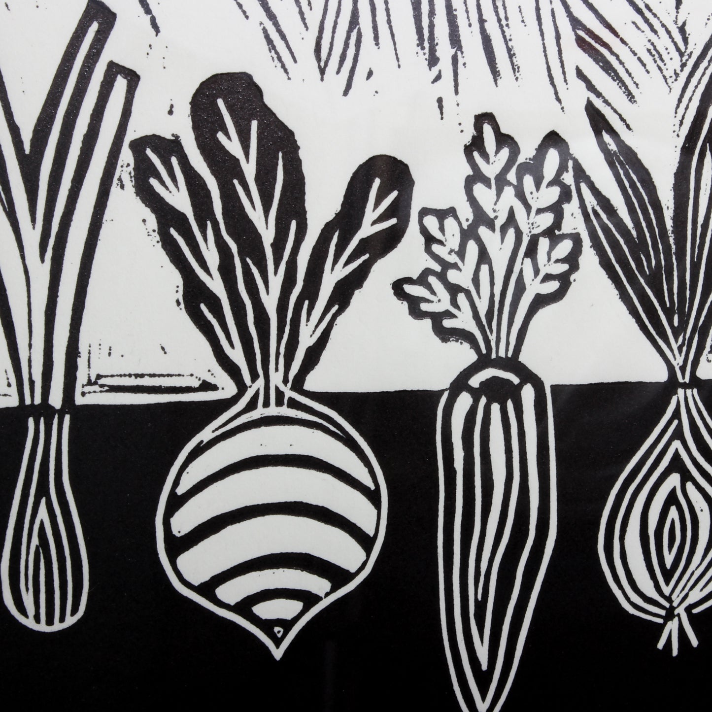 linocut of root vegetables, detail