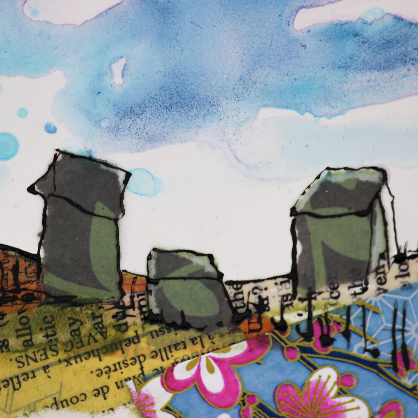 Close up of encaustic prairie scene