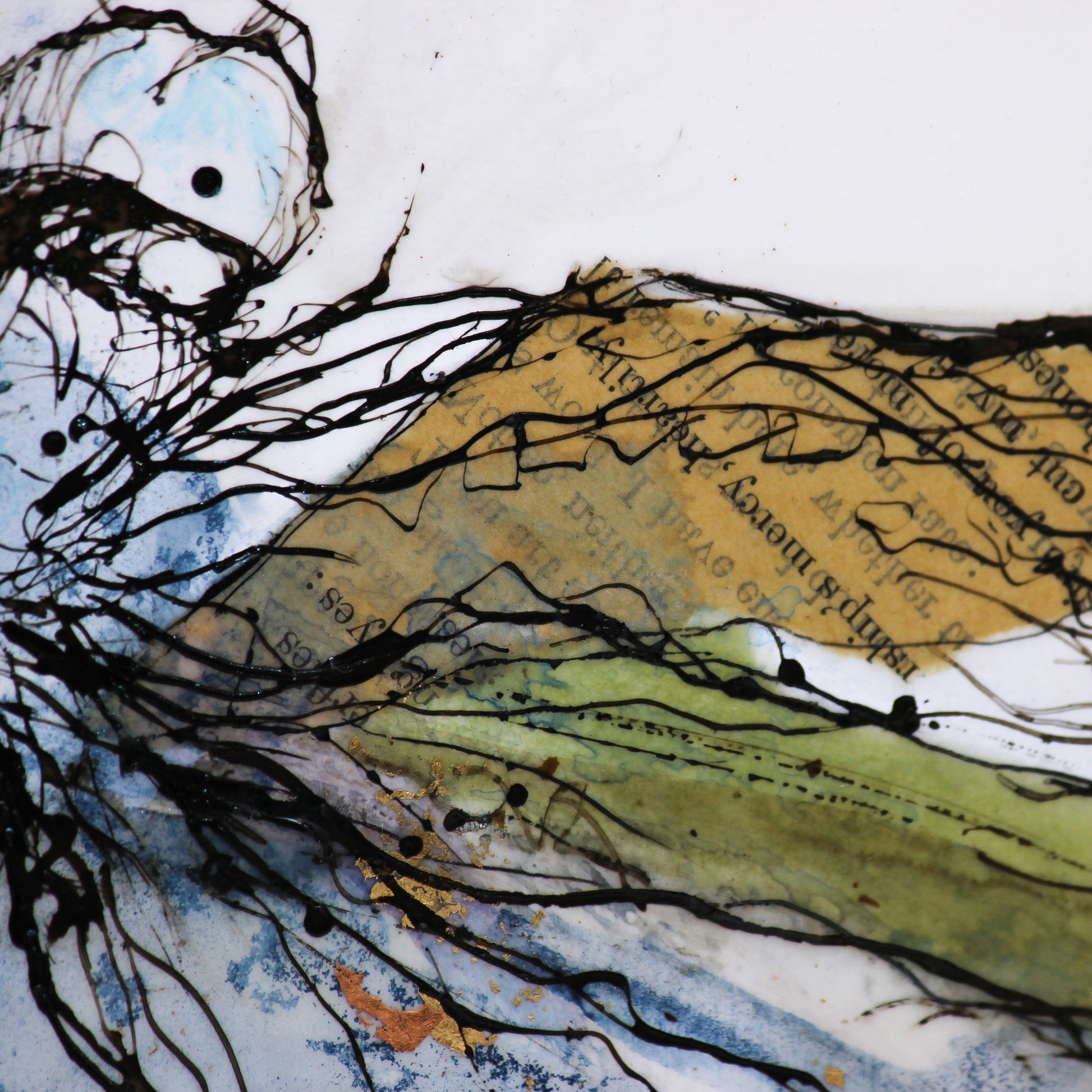 Close up of encaustic collage of a dragonfly