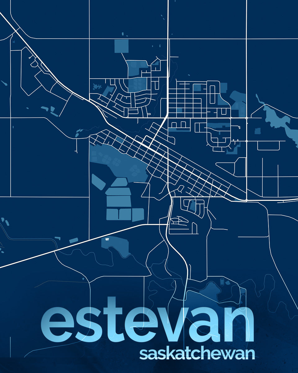 Blue and white map of Estevan