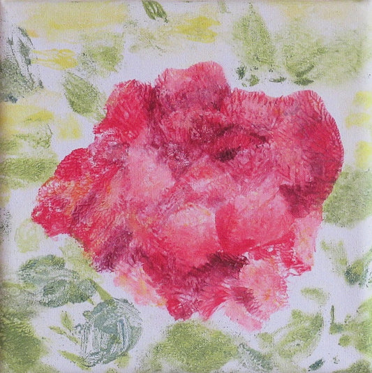 Monotype print of pink rose with green leaves