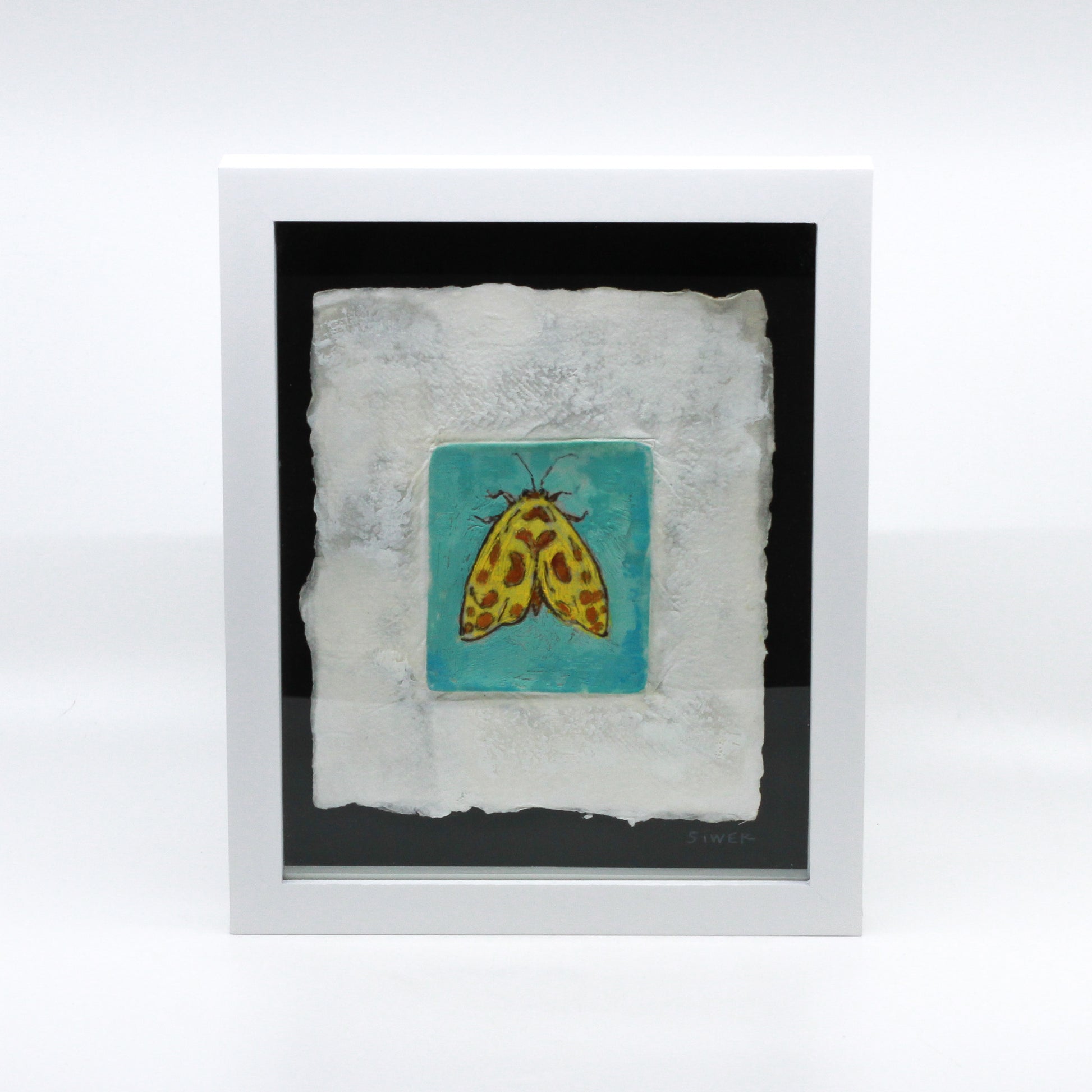 Encaustic painting of a yellow moth on teal background