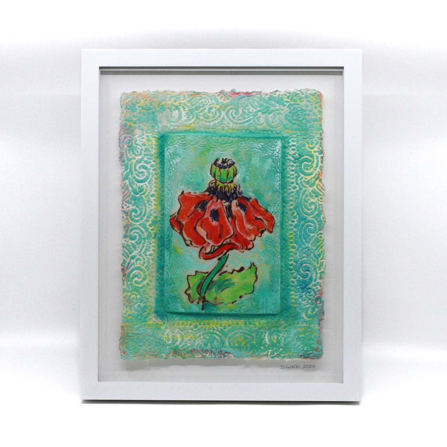 Encaustic painting of a red poppy on teal background