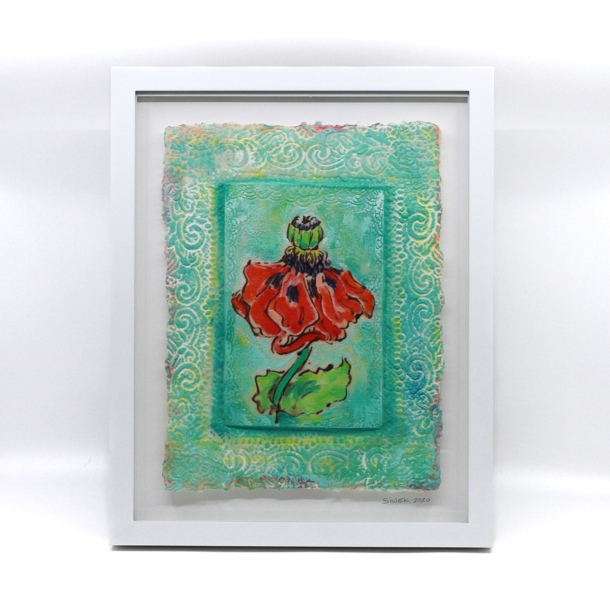 Encaustic painting of a red poppy on teal background