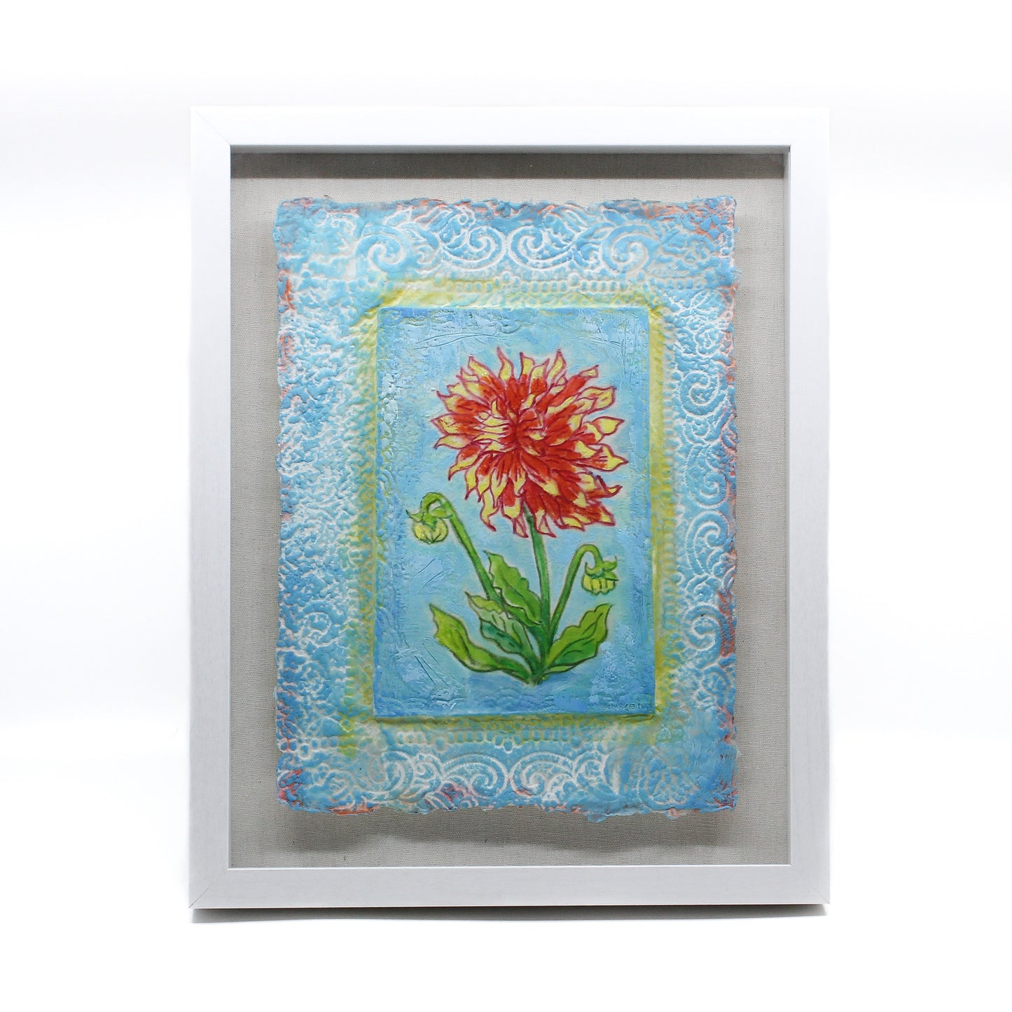 Encaustic of a red dahlia on blue background