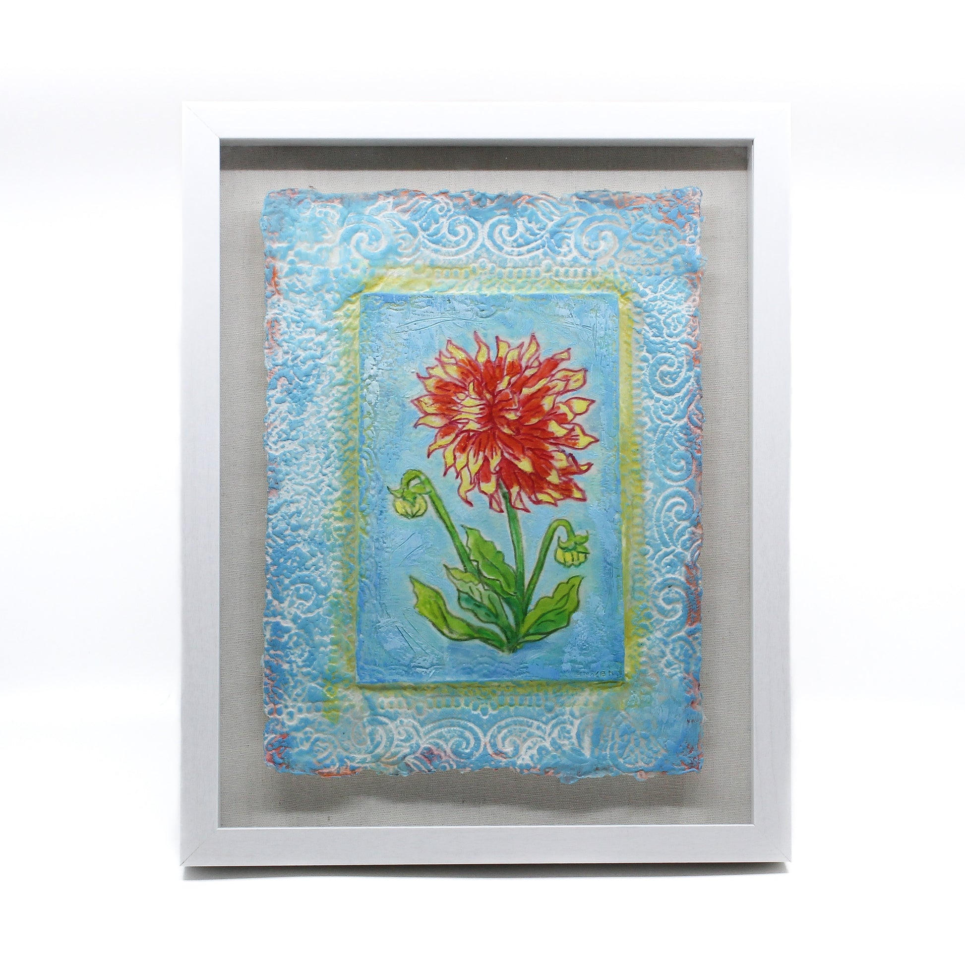 Encaustic of a red dahlia on blue background