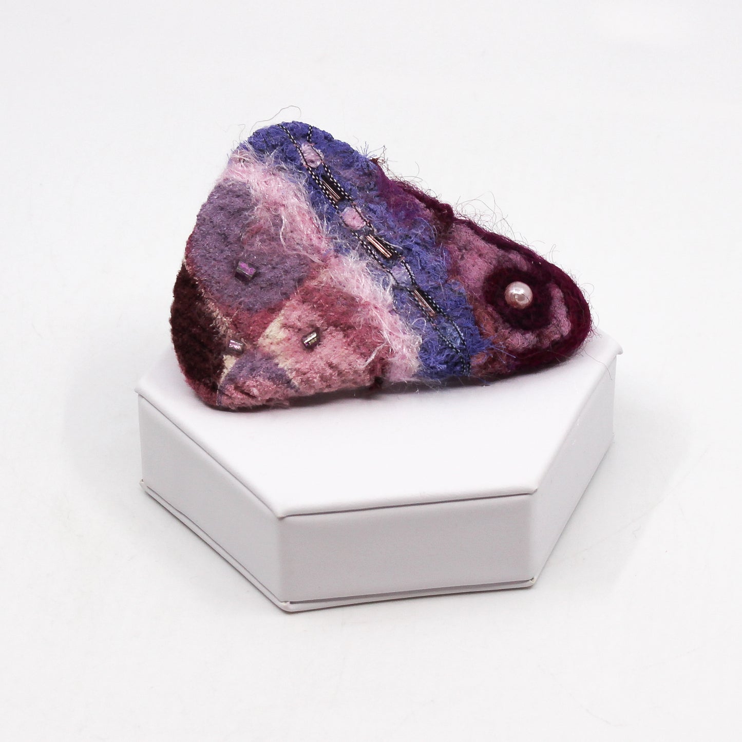 Purple and pink triangle felted brooch with beads