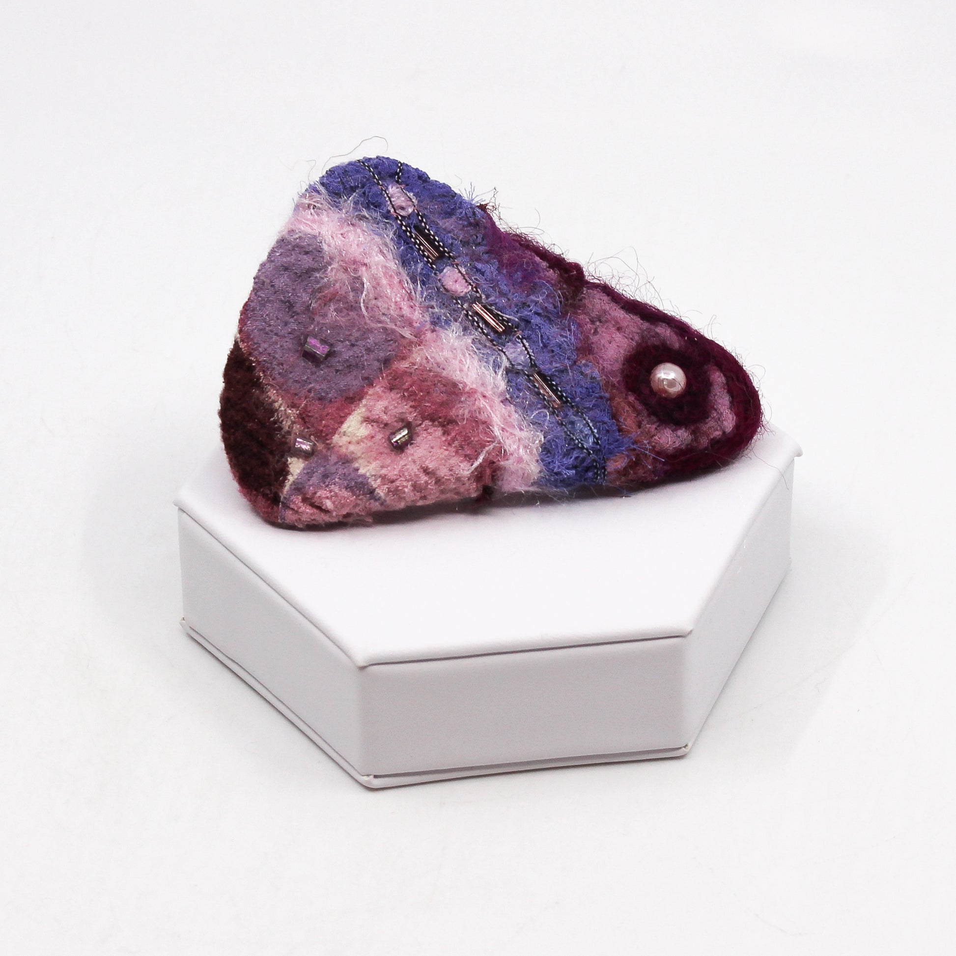 Purple and pink triangle felted brooch with beads