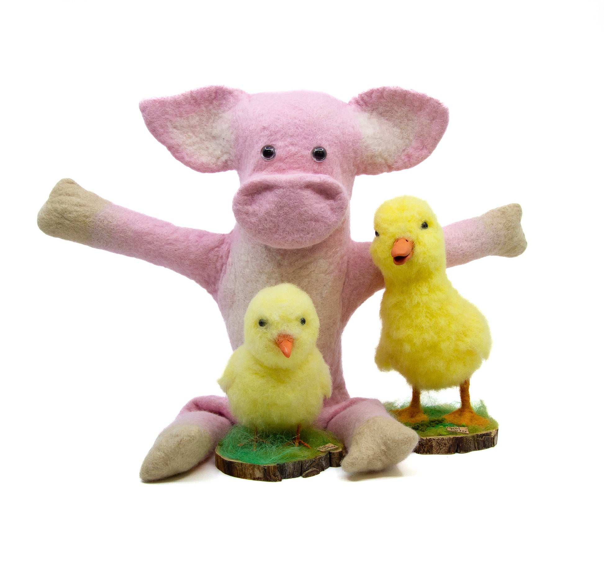 Felted pink pig hand puppet with friends