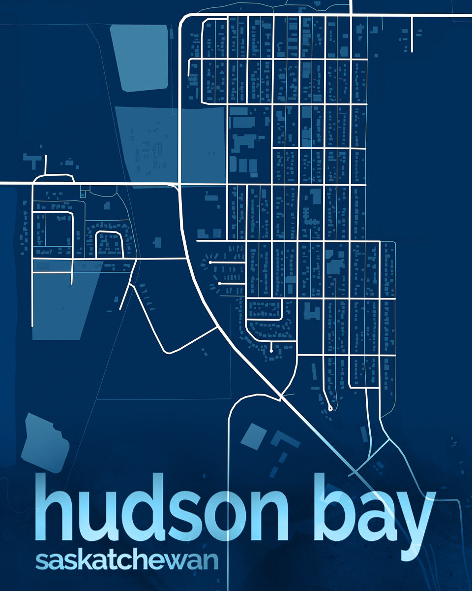 Blue and white map of Hudson Bay Saskatchewan