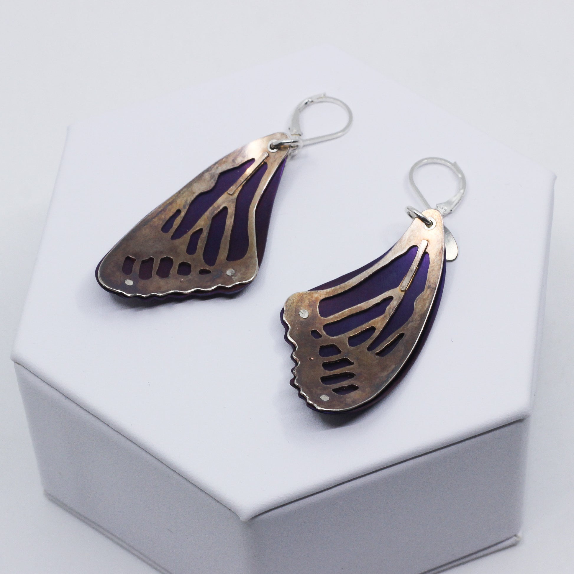 Purple and copper butterfly earrings