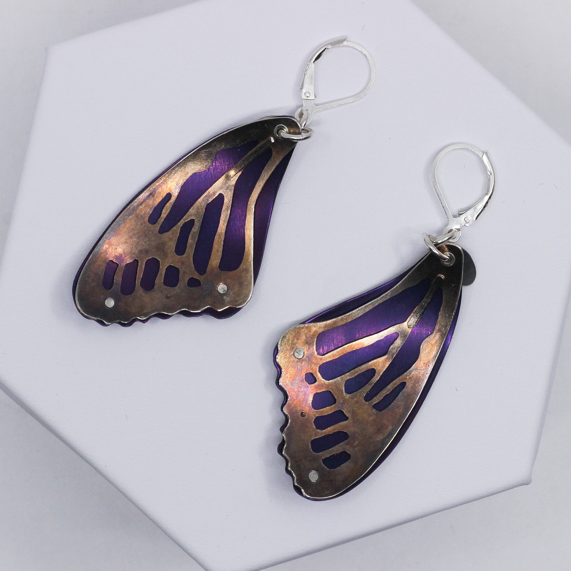 Purple and copper butterfly earrings