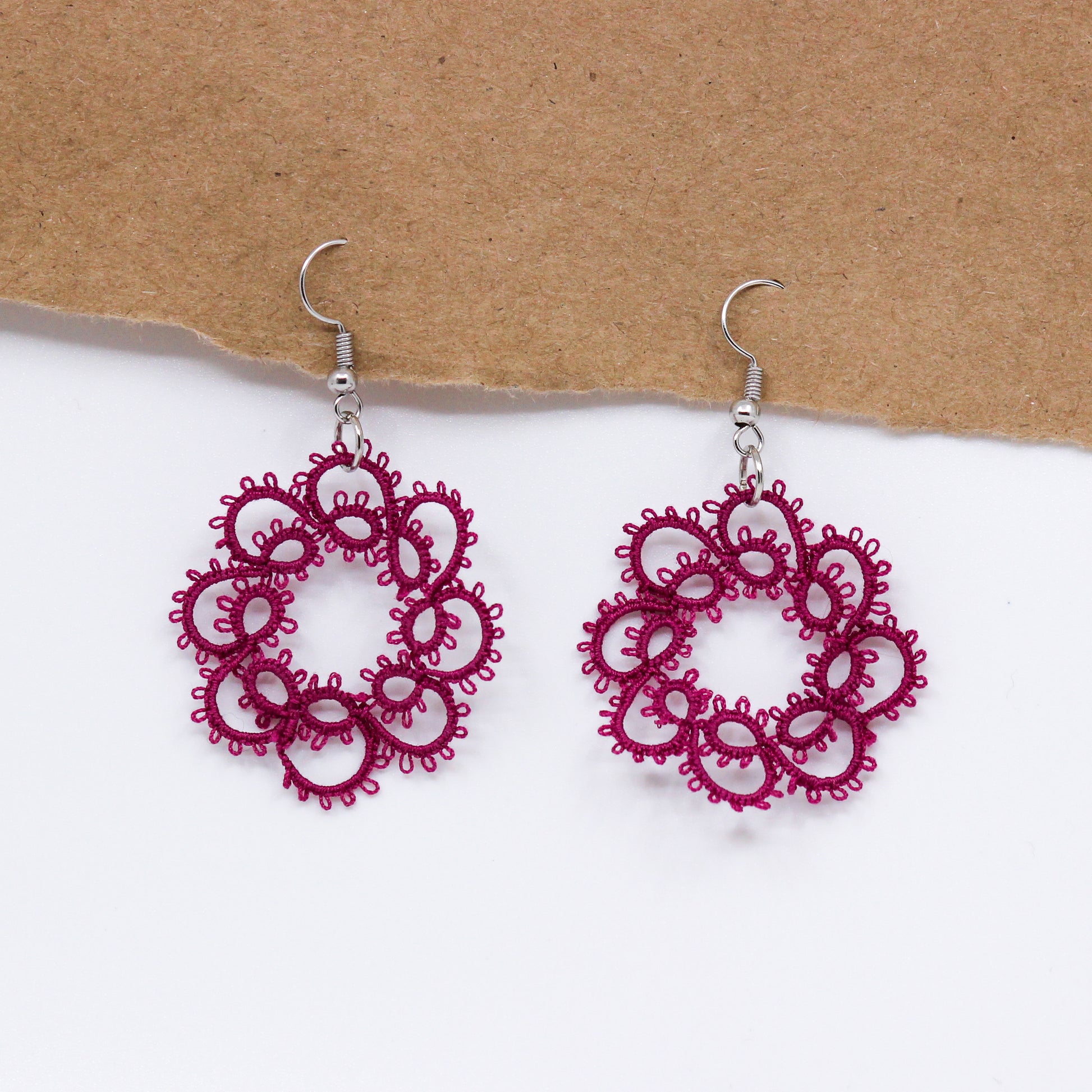 Burgundy wreath doily earrings