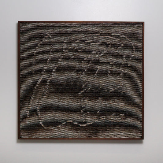 Knitted Wall Hanging in brown, cream, and dark brown yarn with metallic thread