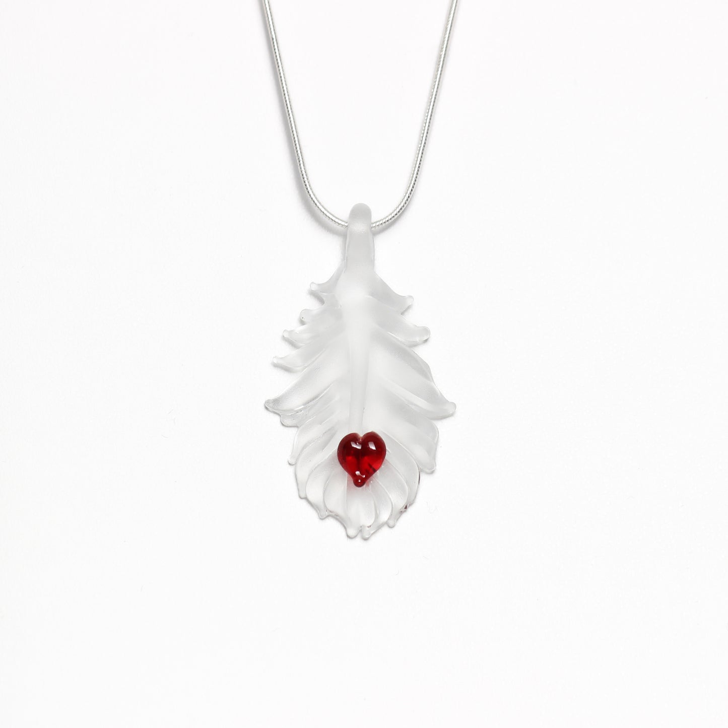 translucent feather with red heart necklace