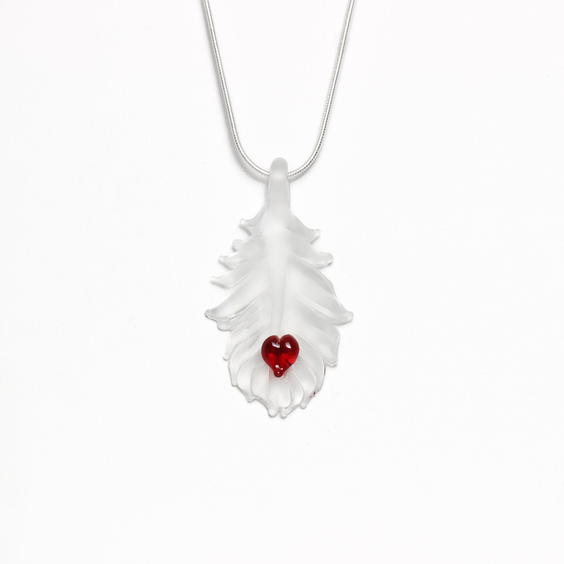 translucent feather with red heart necklace