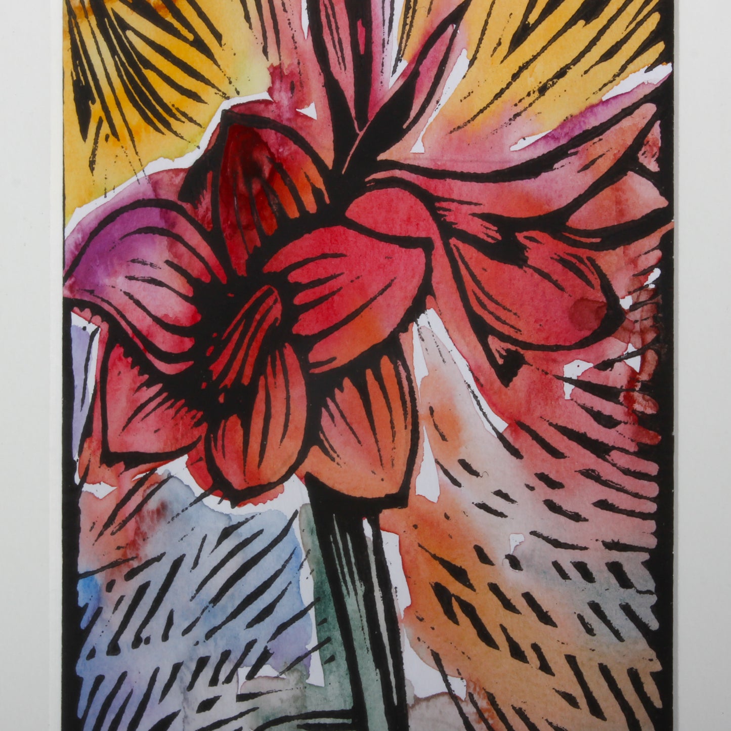 linocut and watercolour print