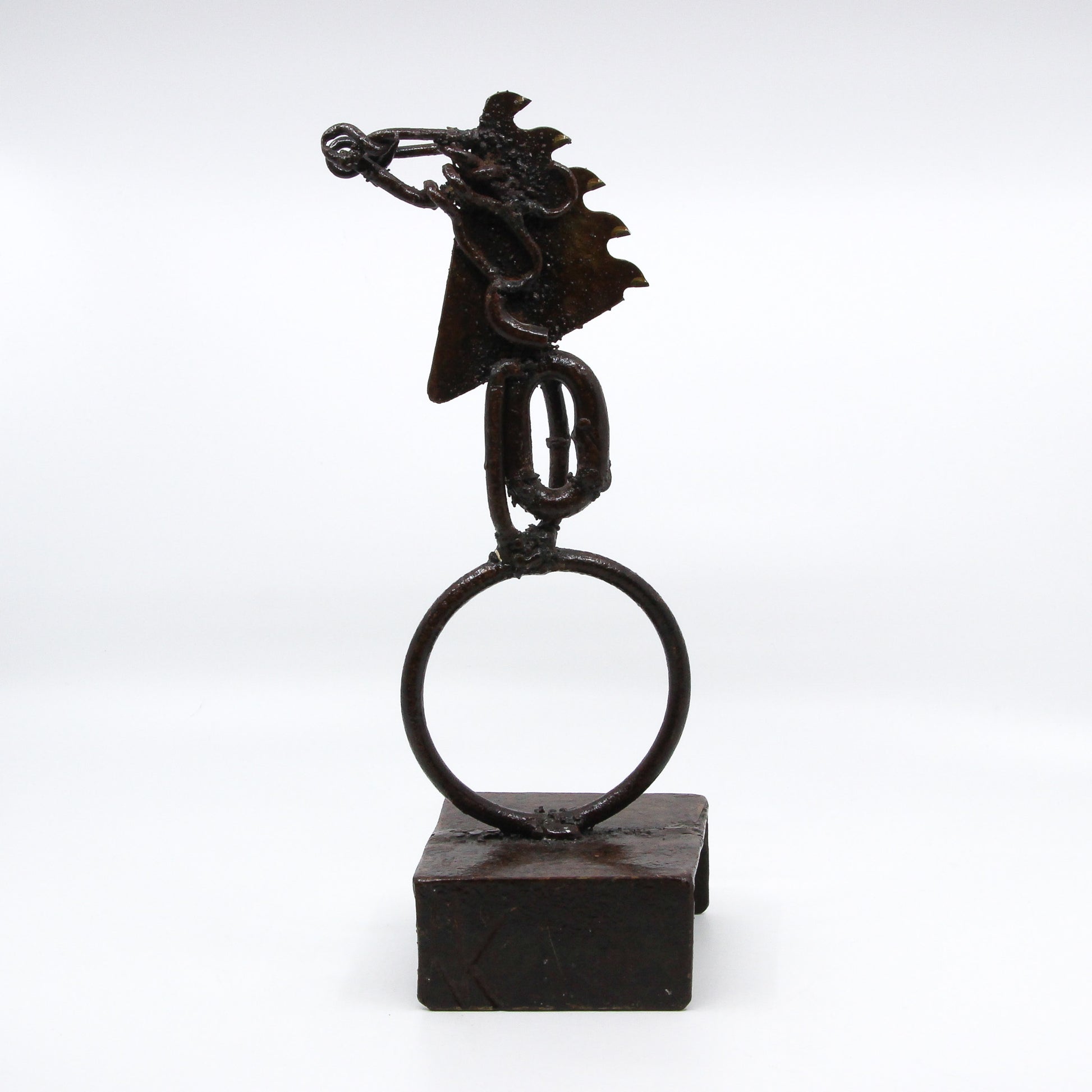 Sculpture of a horse's head made from repurposed metal