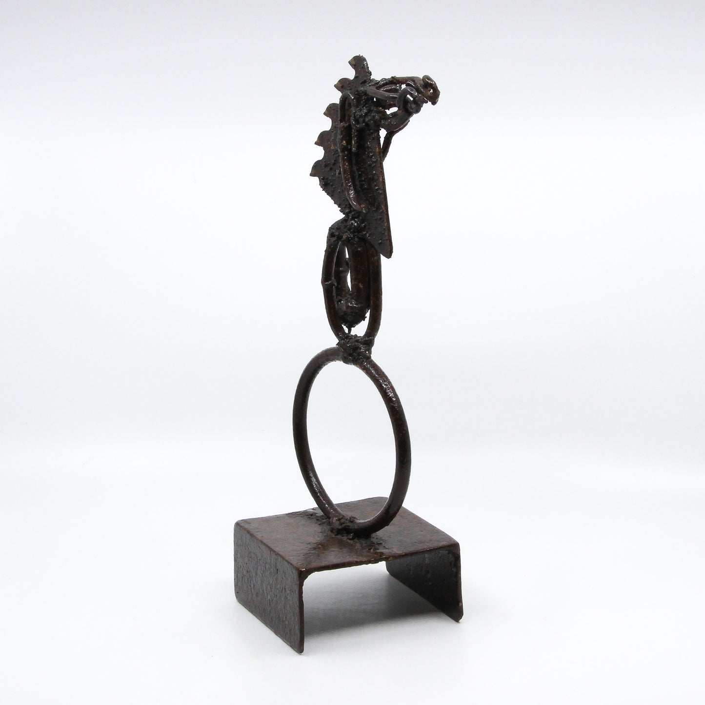 Sculpture of a horse's head made from repurposed metal