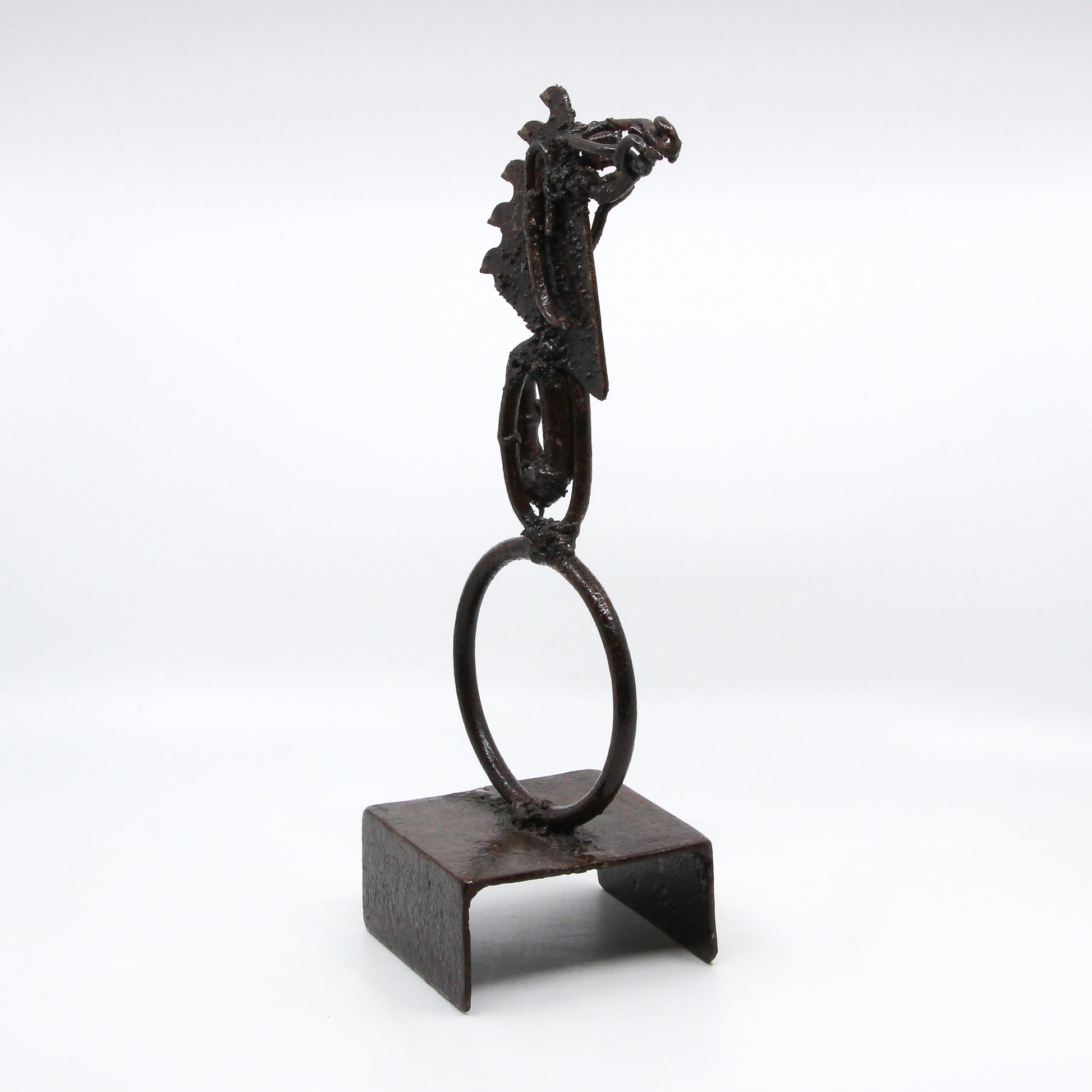 Sculpture of a horse's head made from repurposed metal