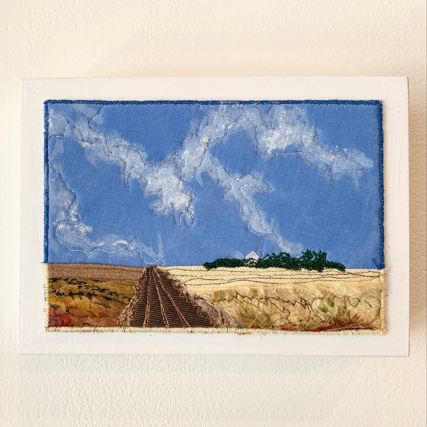 Blue and Brown fabric art Saskatchewan landscape