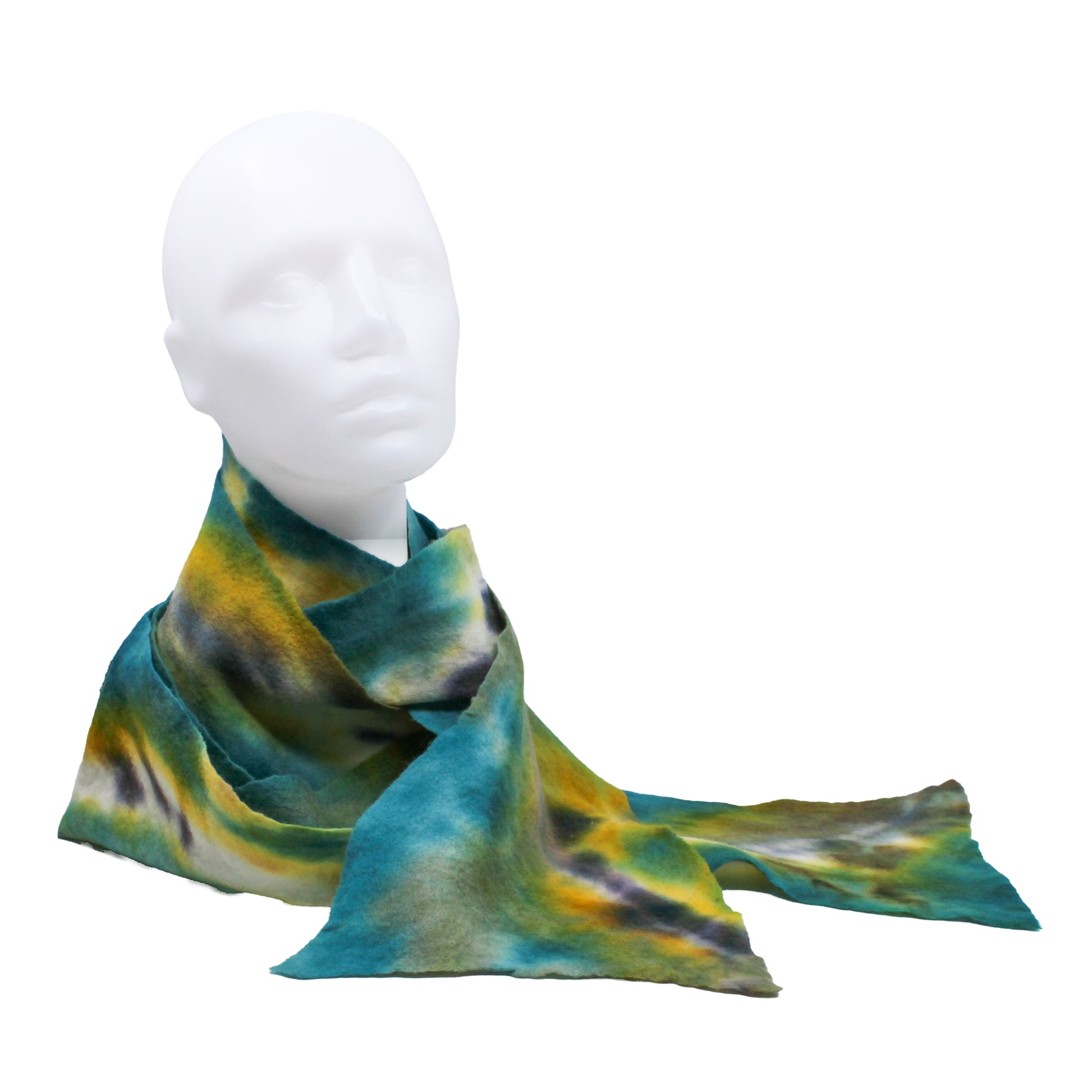 Green, blue, yellow, and white felted scarf