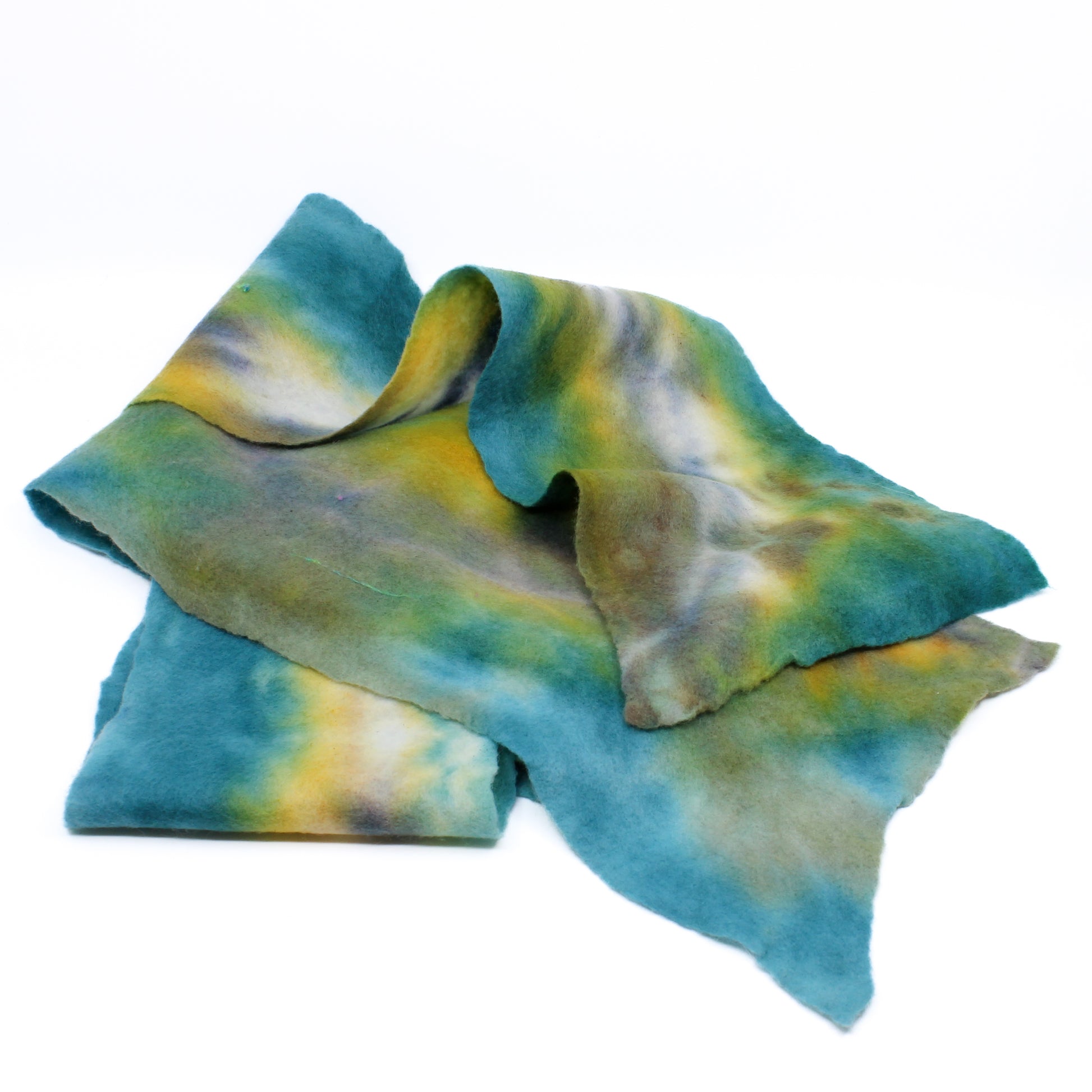 Green, blue, yellow, and white felted scarf