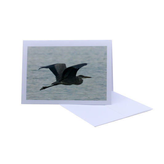 greeting card of a heron in flight