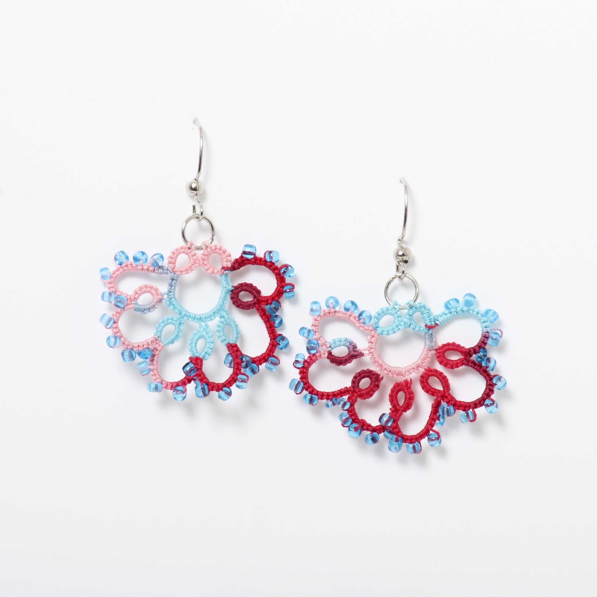 Tatted earrings: pink and blue with beads