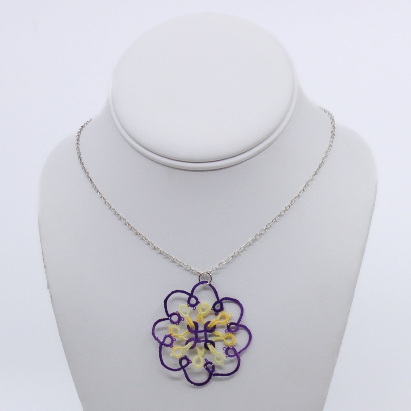 Purple and yellow hand tatted doily necklace