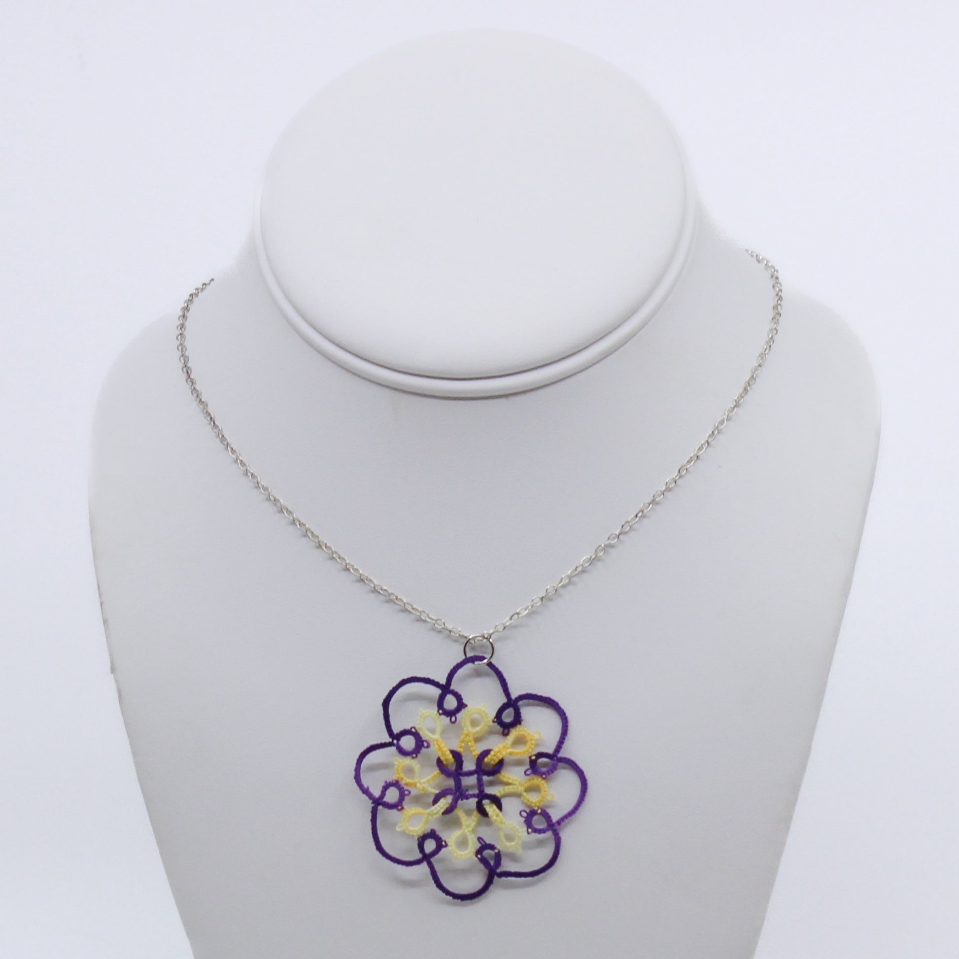 Purple and yellow hand tatted doily necklace