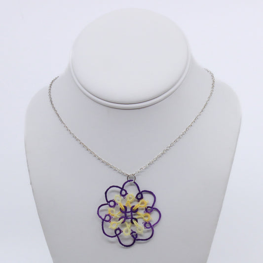Purple and yellow hand tatted doily necklace