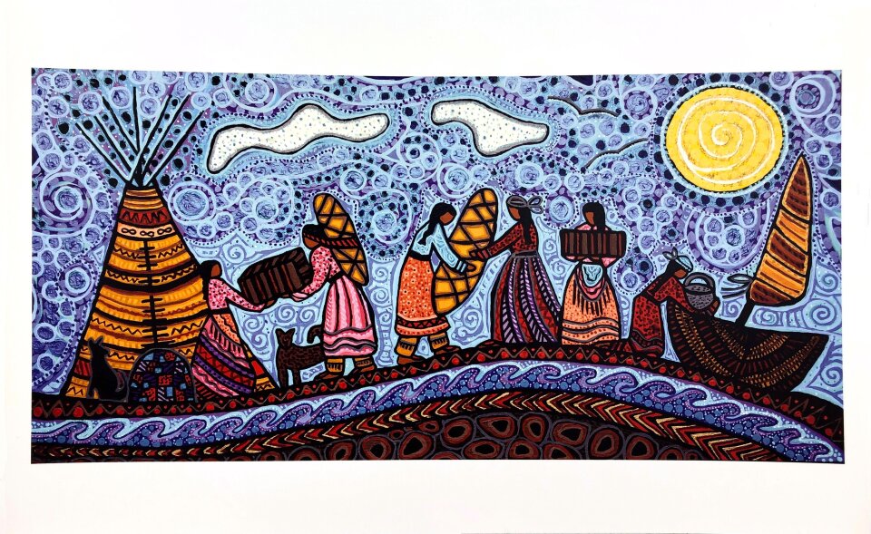 Colourful artwork depicting people passing boxes and bags from a tipi to a boat.