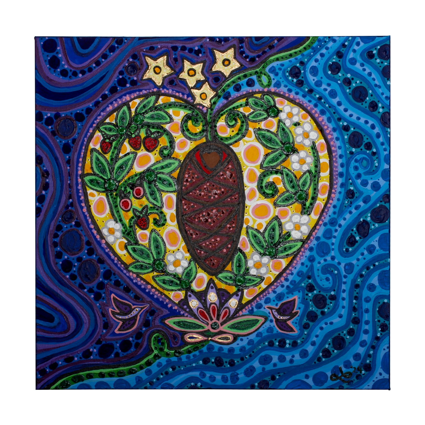 Acrylic painting of a Metis baby in a heart with strawberries