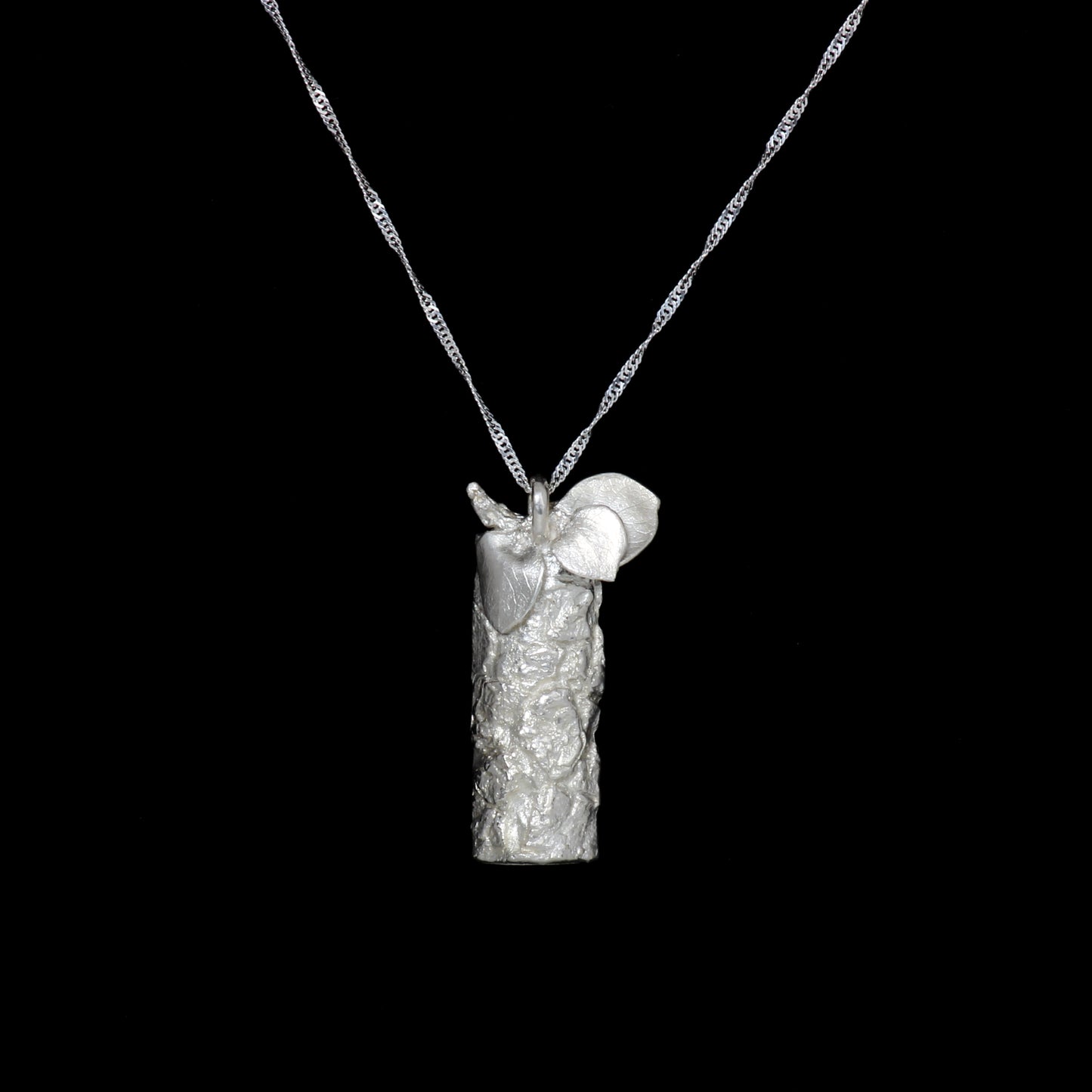 silver bark and leaves necklace