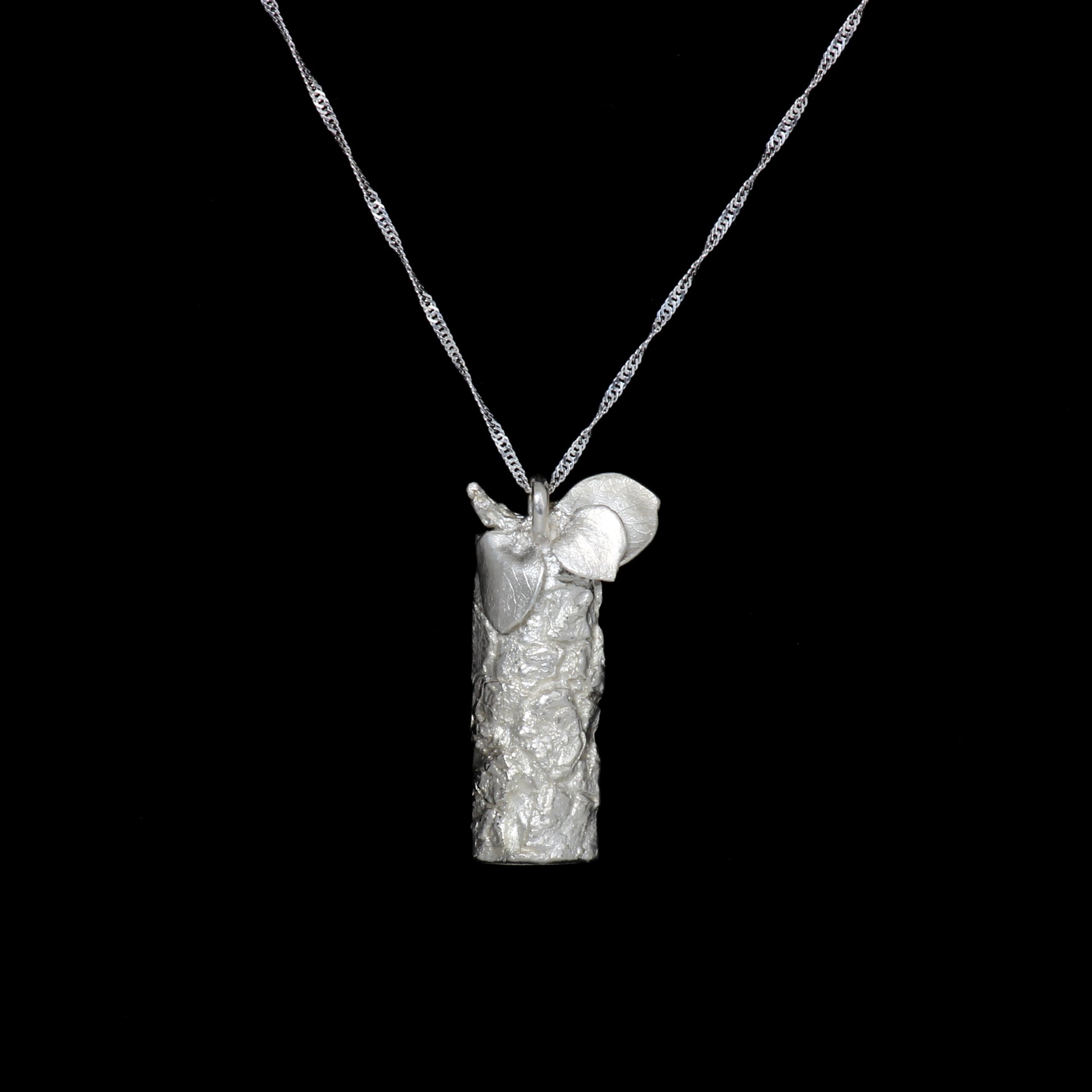silver bark and leaves necklace