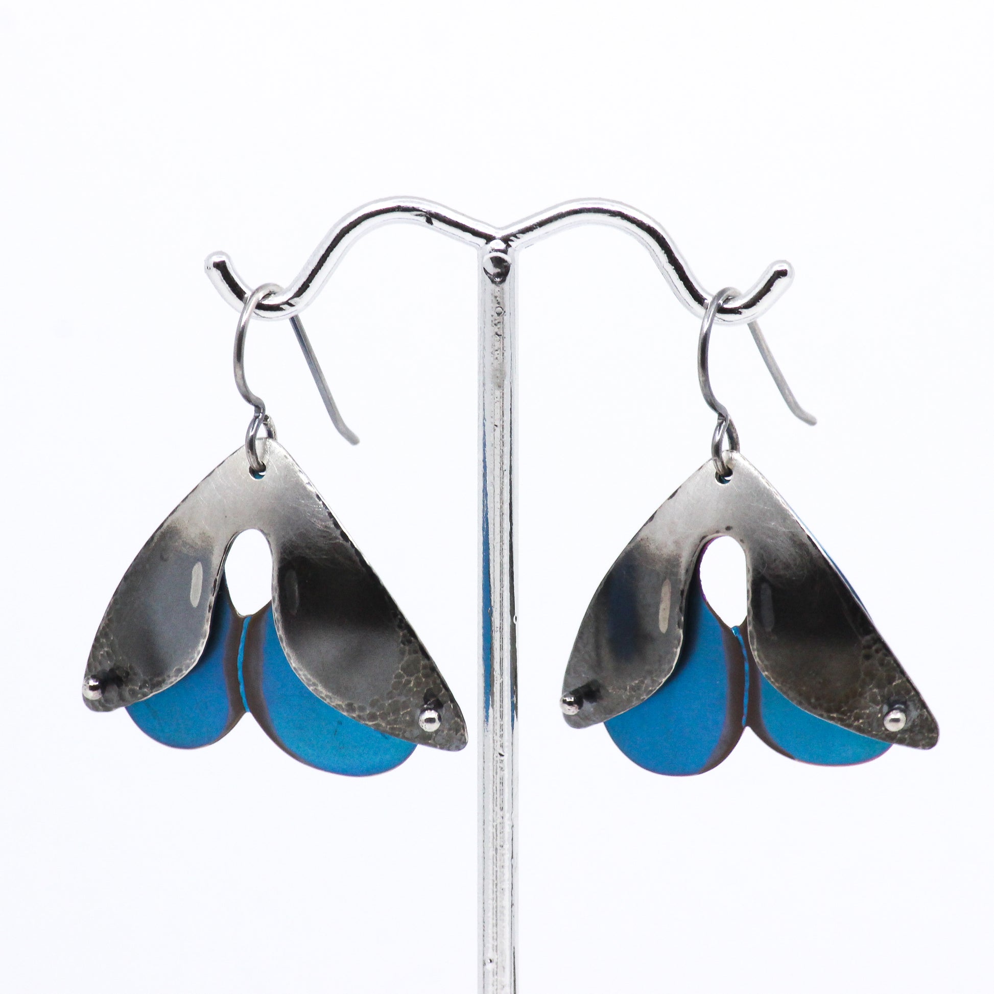 Teal and silver moth earrings